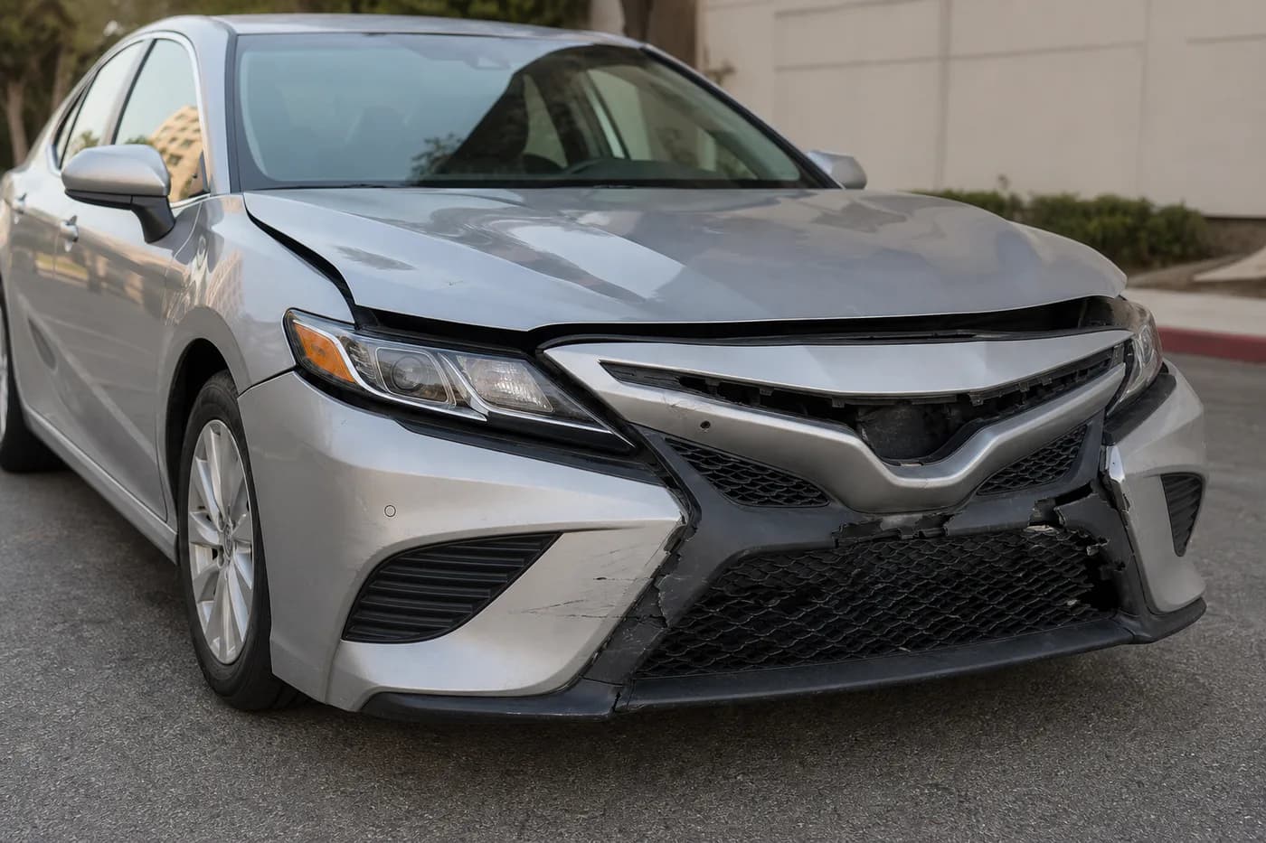 Silver midsize sedan with front bumper cover, grille, and mounting damage